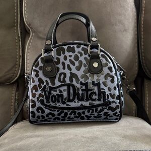 Von Dutch Black and Gray Leopard Print Crossbody Satchel